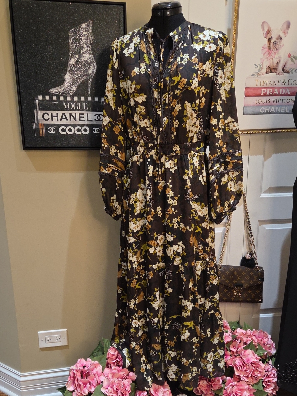 Black Floral Maxi Dress with Yellow and Cream Blossoms